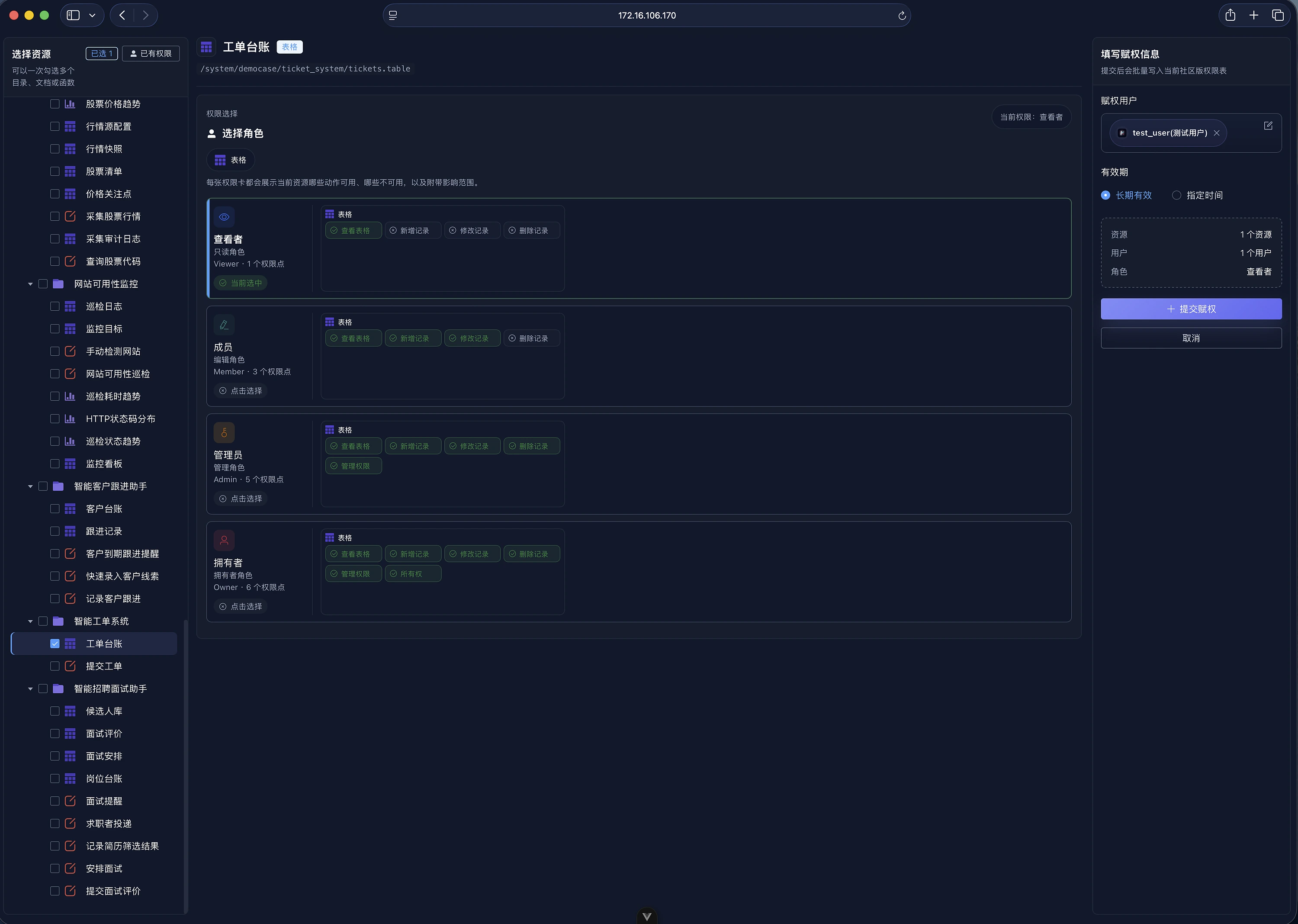 Kageos permission screen showing resource authorization and roles.